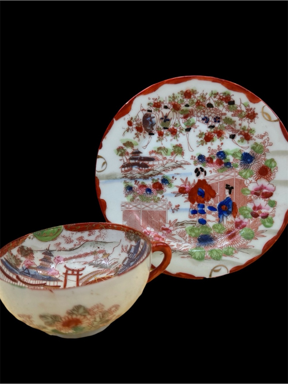 Vintage Japanese Hand Painted Teacup and Saucer Set. Geisha and Floral Landscape